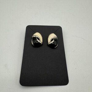 Vintage Black & Cream Enamel Oval Post Back Earrings